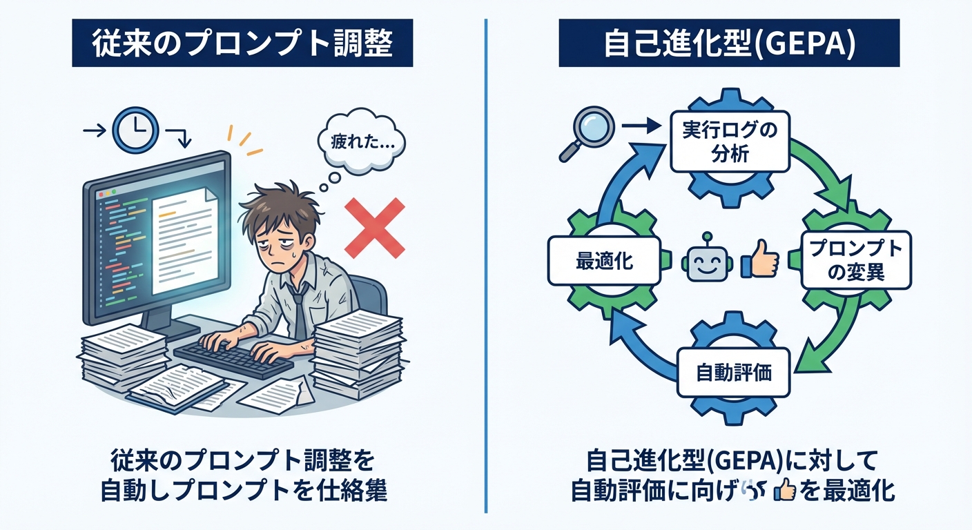 従来の手動調整 vs 自己進化型最適化